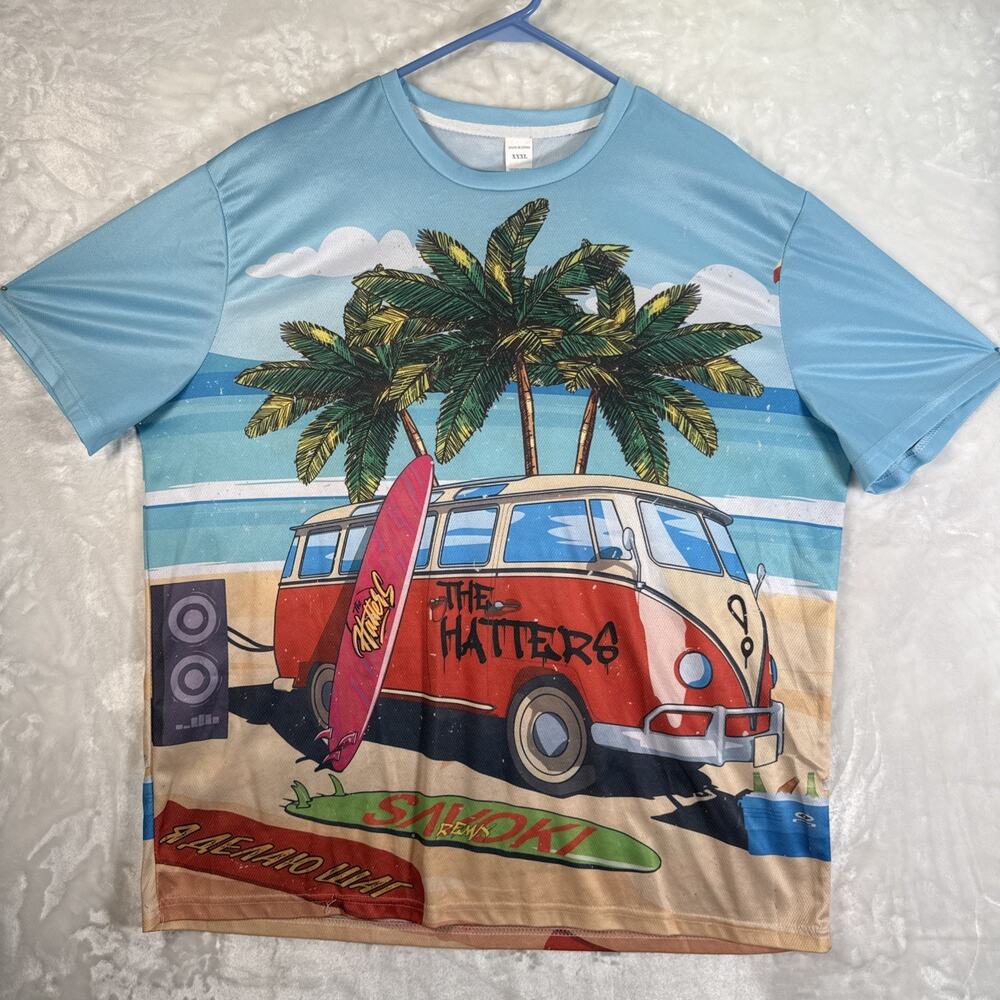 Men's 3XL Tropical Beach Vacation Graphic Tee - VW, Surfboard & Palm Trees